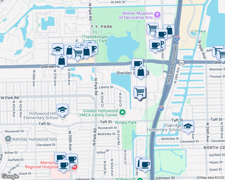 map of restaurants, bars, coffee shops, grocery stores, and more near 2113 North 32nd Avenue in Hollywood