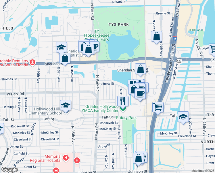 map of restaurants, bars, coffee shops, grocery stores, and more near 2113 North 32nd Avenue in Hollywood
