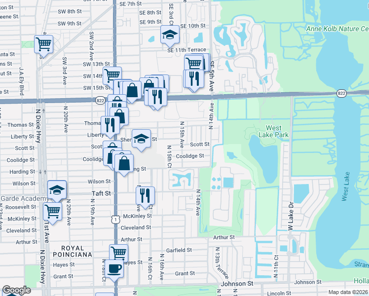 map of restaurants, bars, coffee shops, grocery stores, and more near 1503 Coolidge Street in Hollywood