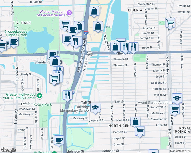 map of restaurants, bars, coffee shops, grocery stores, and more near 2638 Scott Street in Hollywood