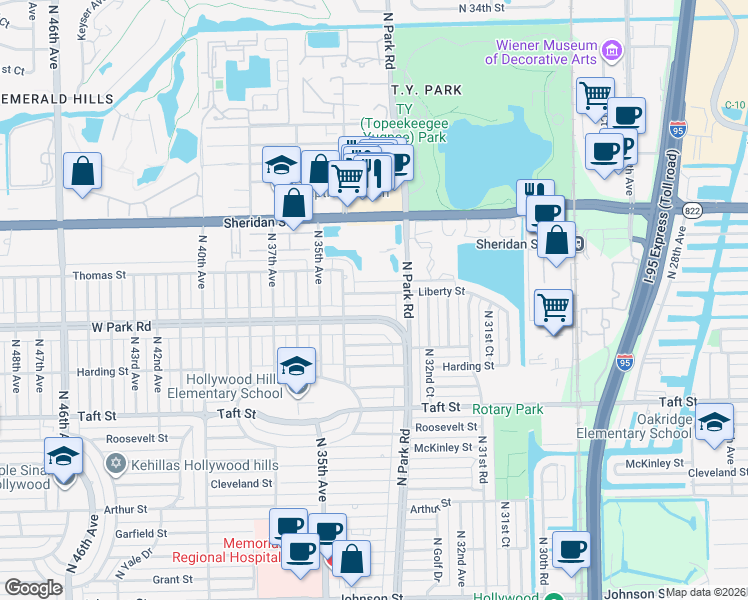 map of restaurants, bars, coffee shops, grocery stores, and more near 3331 West Park Road in Hollywood