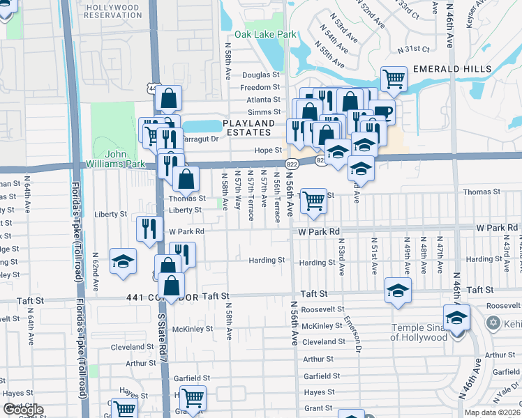 map of restaurants, bars, coffee shops, grocery stores, and more near 2180 North 57th Avenue in Hollywood