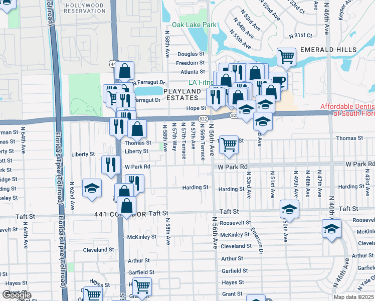 map of restaurants, bars, coffee shops, grocery stores, and more near 2180 North 57th Avenue in Hollywood