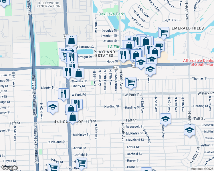 map of restaurants, bars, coffee shops, grocery stores, and more near 2180 North 57th Avenue in Hollywood