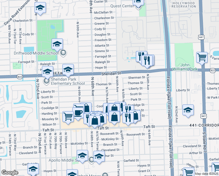 map of restaurants, bars, coffee shops, grocery stores, and more near 6620 Liberty Street in Hollywood