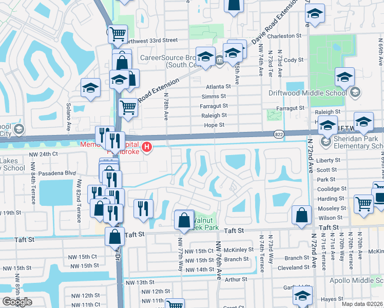 map of restaurants, bars, coffee shops, grocery stores, and more near 2280 Northwest 77th Terrace in Pembroke Pines