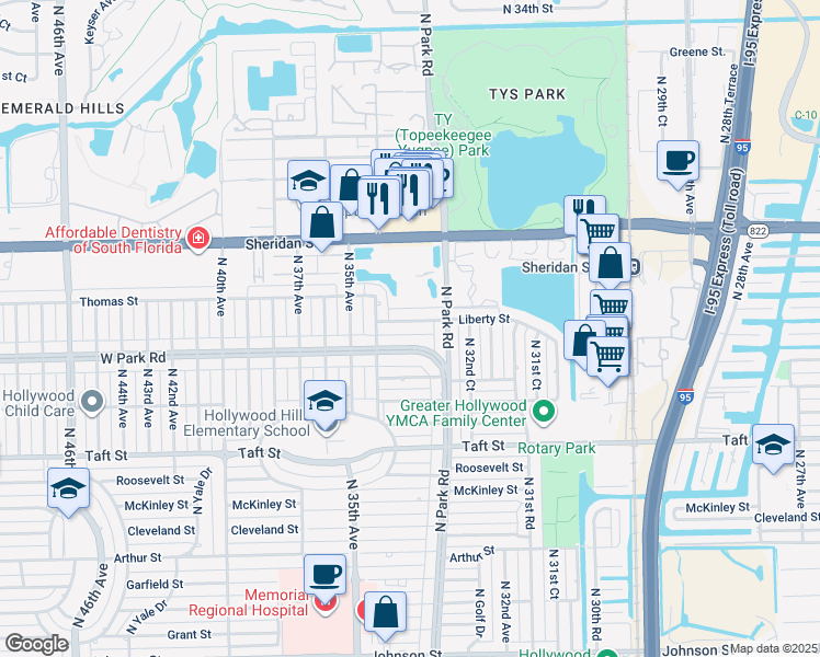 map of restaurants, bars, coffee shops, grocery stores, and more near 3331 West Park Road in Hollywood