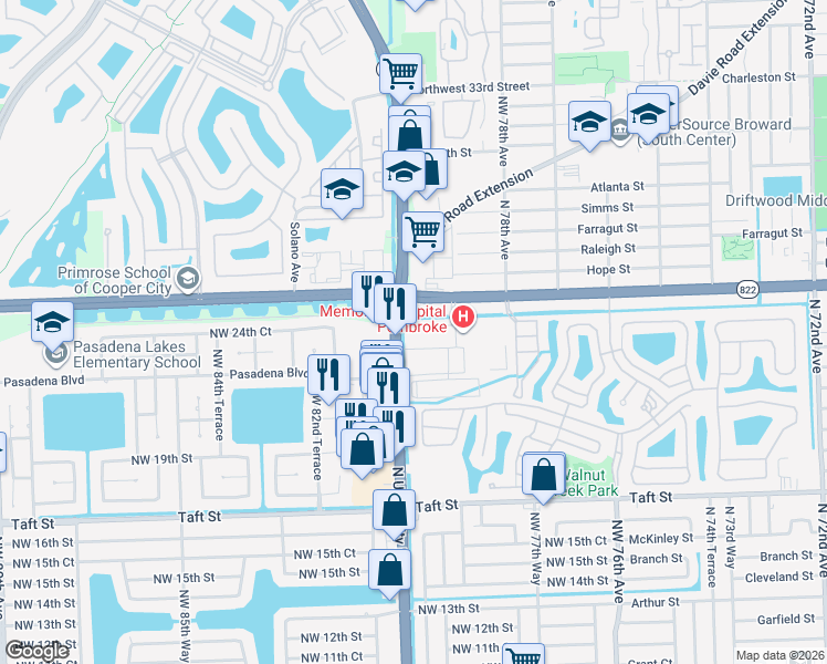 map of restaurants, bars, coffee shops, grocery stores, and more near 2305 North University Drive in Pembroke Pines