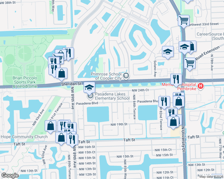 map of restaurants, bars, coffee shops, grocery stores, and more near 8620 Northwest 24th Court in Pembroke Pines