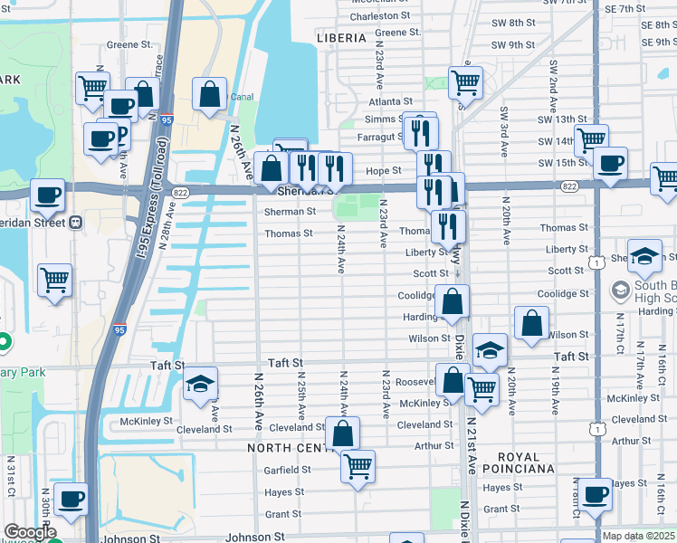 map of restaurants, bars, coffee shops, grocery stores, and more near 2402 Scott Street in Hollywood