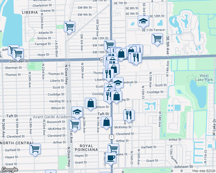 map of restaurants, bars, coffee shops, grocery stores, and more near 2000 North Federal Hwy in Hollywood