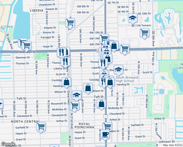 map of restaurants, bars, coffee shops, grocery stores, and more near 1930 Scott Street in Hollywood