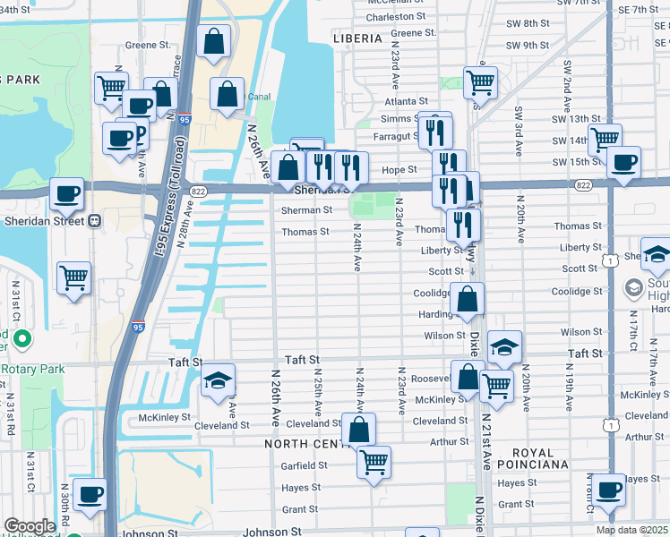 map of restaurants, bars, coffee shops, grocery stores, and more near 2442 Scott Street in Hollywood