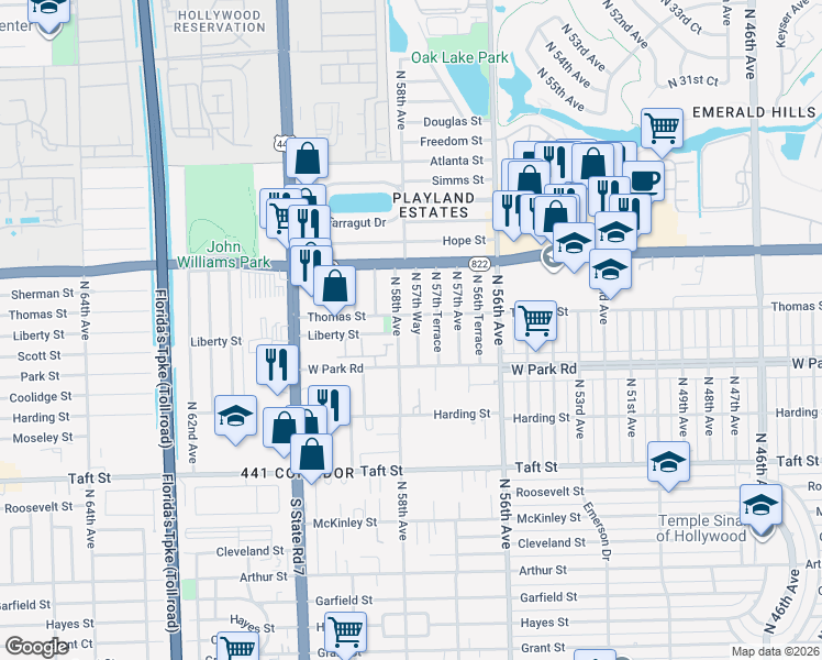 map of restaurants, bars, coffee shops, grocery stores, and more near 2140 North 57th Way in Hollywood