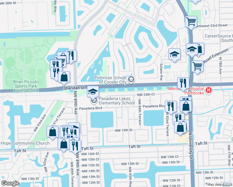 map of restaurants, bars, coffee shops, grocery stores, and more near 8620 Northwest 24th Court in Pembroke Pines