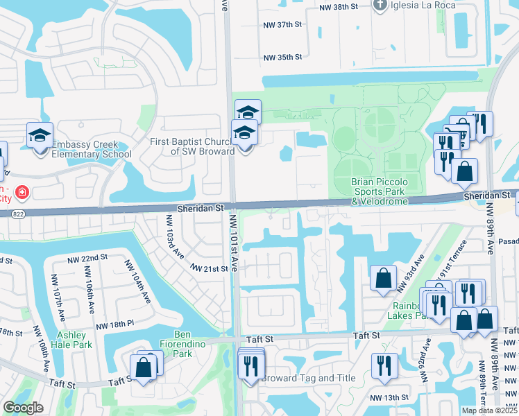 map of restaurants, bars, coffee shops, grocery stores, and more near 9950 Sheridan Street in Hollywood
