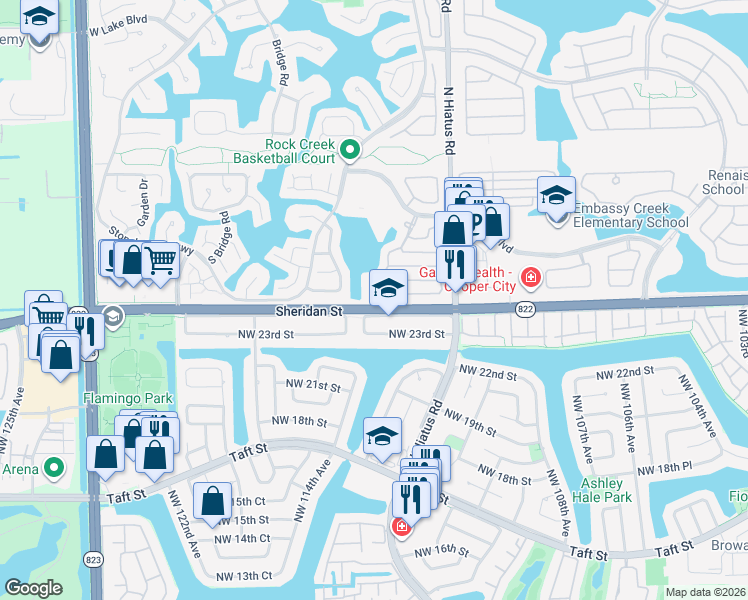 map of restaurants, bars, coffee shops, grocery stores, and more near 11420 Sheridan Street in Pembroke Pines