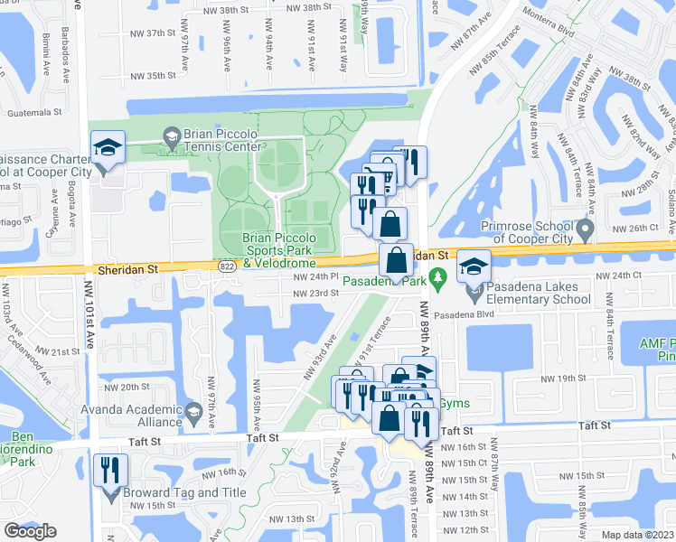 map of restaurants, bars, coffee shops, grocery stores, and more near 9325 Northwest 24th Place in Pembroke Pines