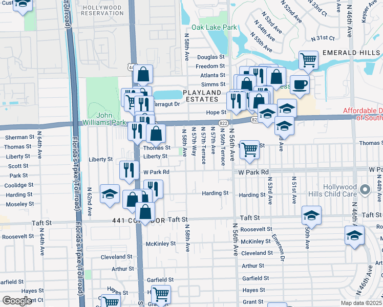 map of restaurants, bars, coffee shops, grocery stores, and more near 2140 North 57th Way in Hollywood