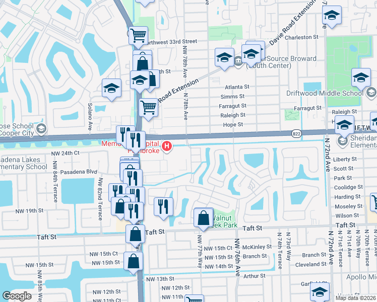 map of restaurants, bars, coffee shops, grocery stores, and more near 7780 Northwest 22nd Court in Pembroke Pines