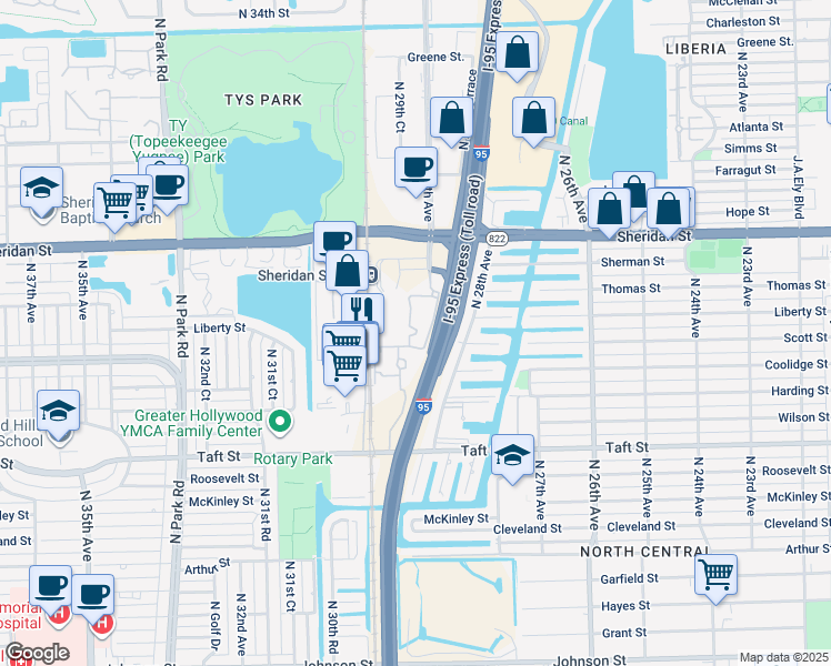 map of restaurants, bars, coffee shops, grocery stores, and more near 2300 North 29th Avenue in Hollywood