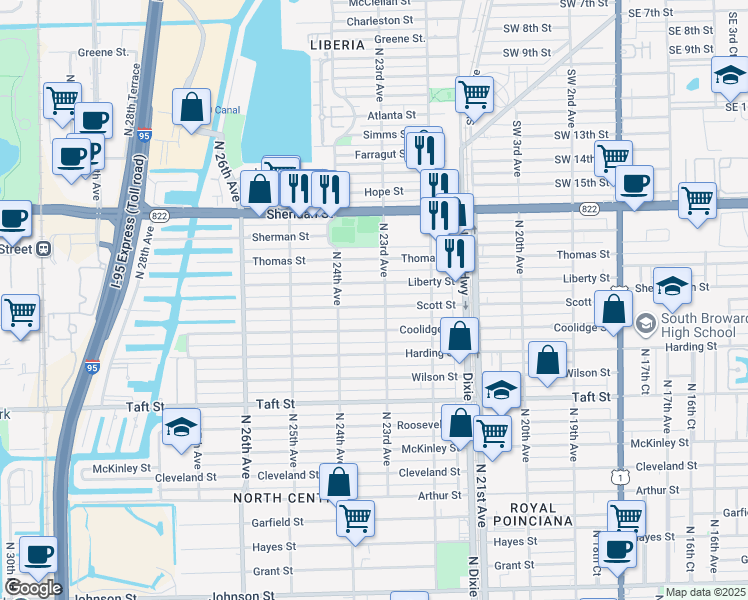 map of restaurants, bars, coffee shops, grocery stores, and more near 2314 Scott Street in Hollywood