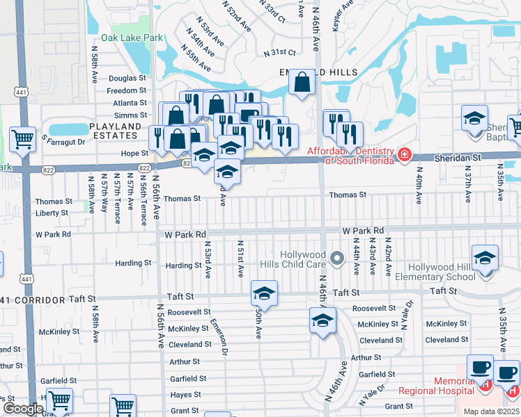 map of restaurants, bars, coffee shops, grocery stores, and more near 2110 North 50th Avenue in Hollywood