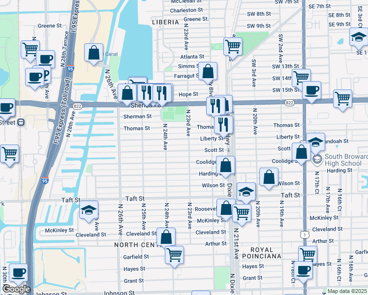 map of restaurants, bars, coffee shops, grocery stores, and more near 2314 Scott Street in Hollywood