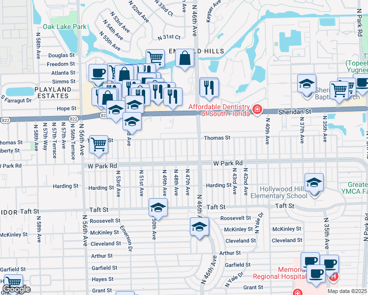 map of restaurants, bars, coffee shops, grocery stores, and more near 2120 North 47th Avenue in Hollywood