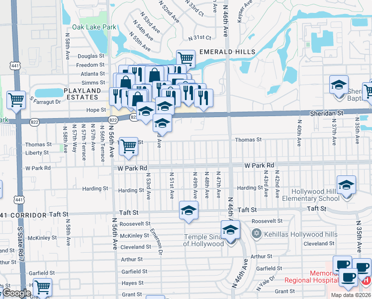 map of restaurants, bars, coffee shops, grocery stores, and more near 2110 North 50th Avenue in Hollywood