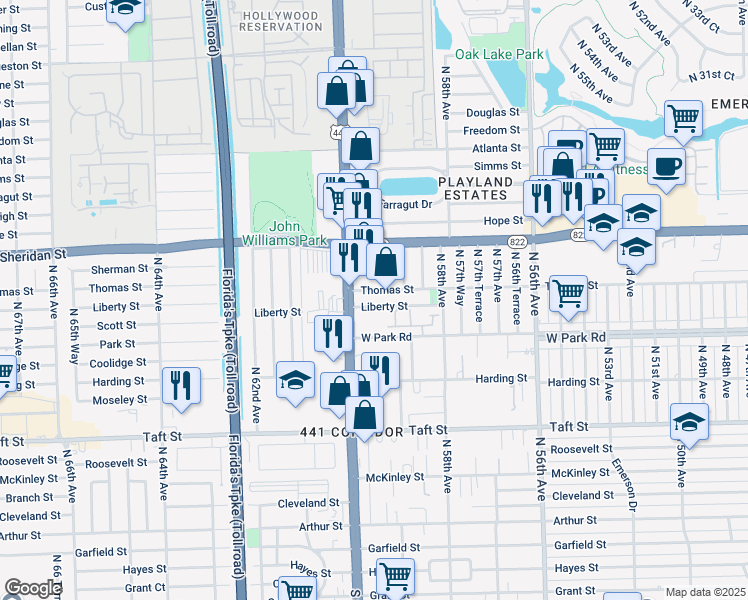 map of restaurants, bars, coffee shops, grocery stores, and more near 5910 Liberty Street in Hollywood