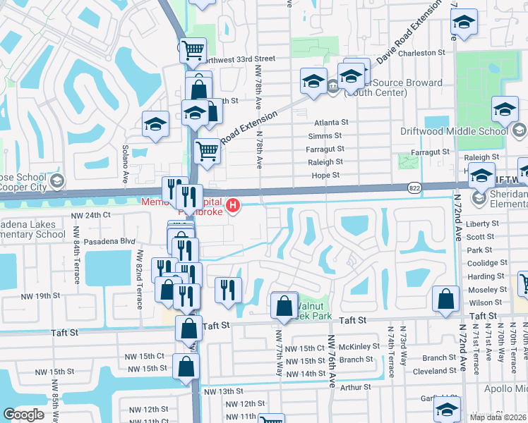 map of restaurants, bars, coffee shops, grocery stores, and more near 7780 Northwest 22nd Court in Pembroke Pines