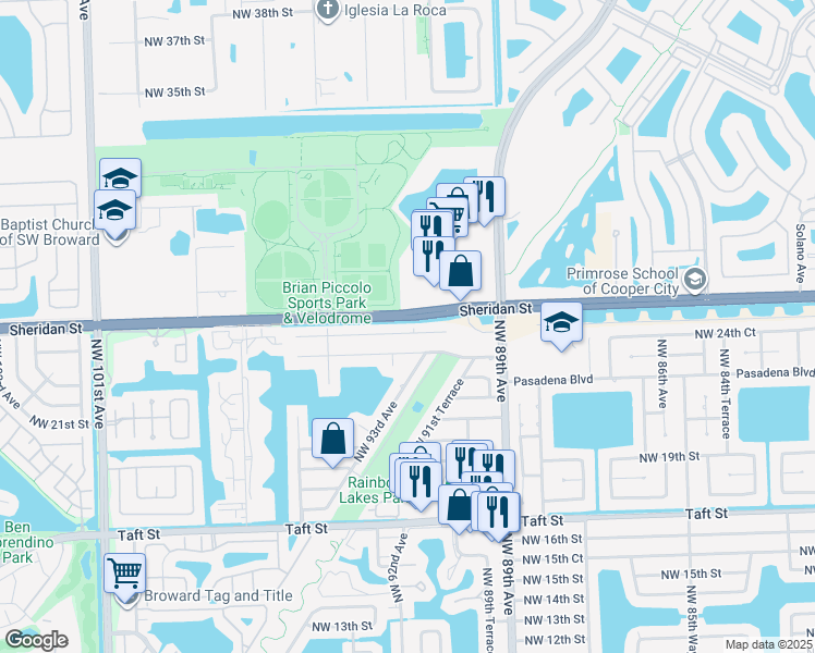 map of restaurants, bars, coffee shops, grocery stores, and more near 9306 Northwest 24th Place in Pembroke Pines