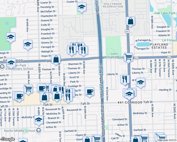 map of restaurants, bars, coffee shops, grocery stores, and more near 6350 Liberty Street in Hollywood