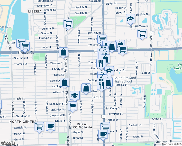 map of restaurants, bars, coffee shops, grocery stores, and more near 1905 Scott Street in Hollywood