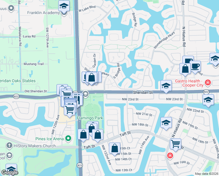 map of restaurants, bars, coffee shops, grocery stores, and more near 2320 Northwest 120th Terrace in Pembroke Pines