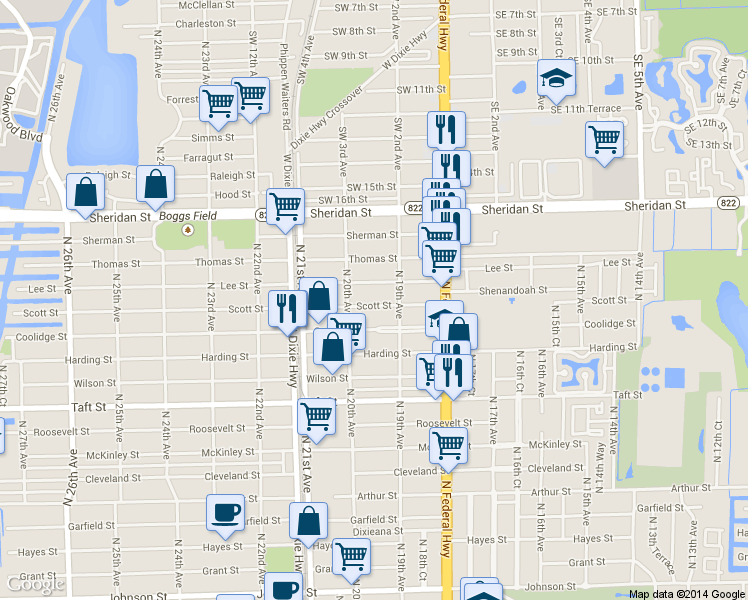 map of restaurants, bars, coffee shops, grocery stores, and more near 1930 Scott Street in Hollywood