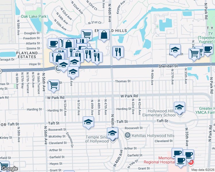 map of restaurants, bars, coffee shops, grocery stores, and more near 2120 North 47th Avenue in Hollywood