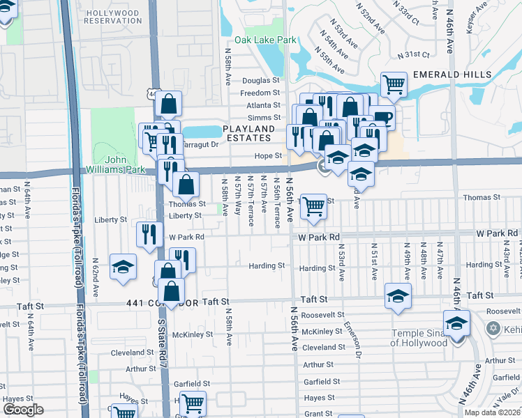 map of restaurants, bars, coffee shops, grocery stores, and more near 2180 North 57th Avenue in Hollywood