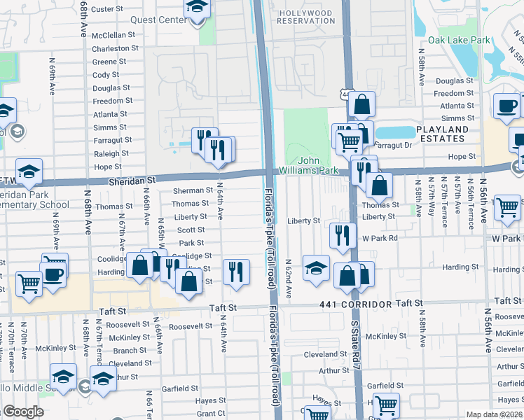 map of restaurants, bars, coffee shops, grocery stores, and more near 6270 Lee St in Hollywood