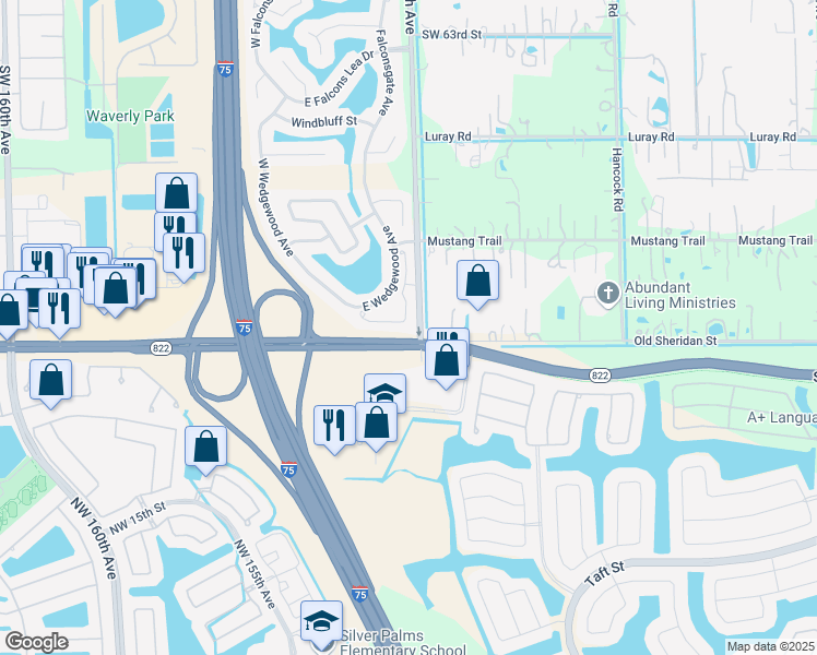map of restaurants, bars, coffee shops, grocery stores, and more near 14840 Southwest 70th Place in Davie