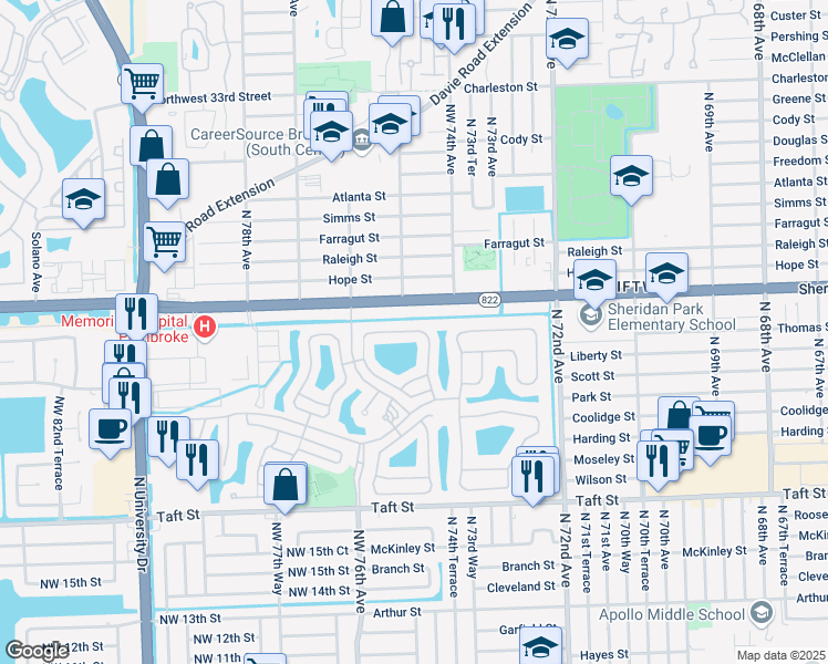 map of restaurants, bars, coffee shops, grocery stores, and more near 2248 North 74th Way in Pembroke Pines