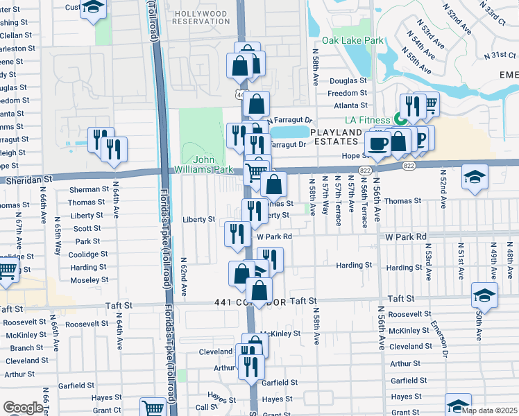 map of restaurants, bars, coffee shops, grocery stores, and more near 2141 North State Road 7 in Hollywood