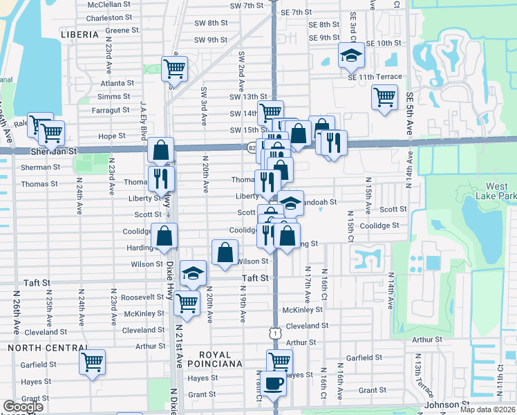 map of restaurants, bars, coffee shops, grocery stores, and more near 1832 Scott Street in Hollywood