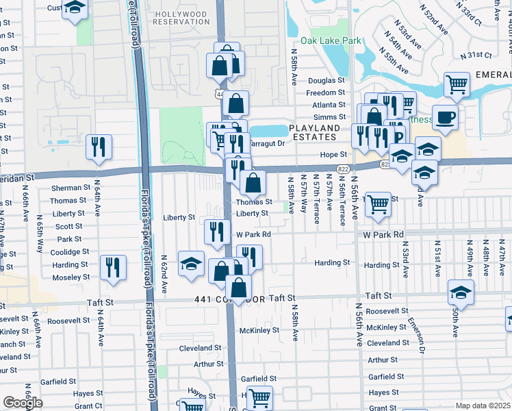 map of restaurants, bars, coffee shops, grocery stores, and more near 5908 Thomas Street in Hollywood