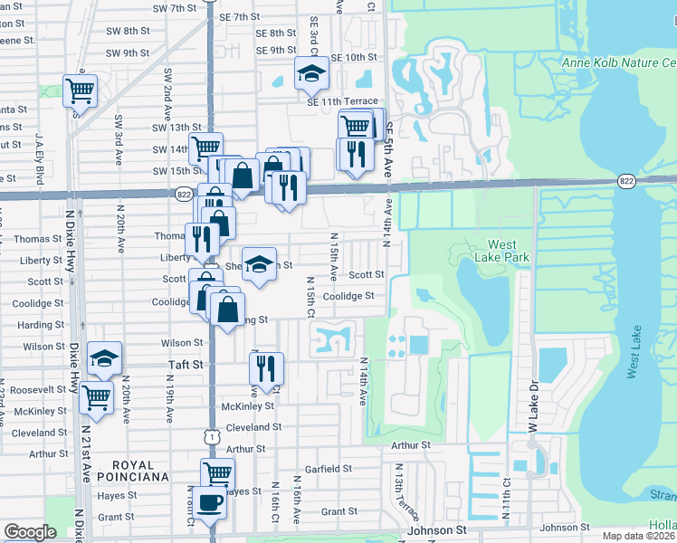 map of restaurants, bars, coffee shops, grocery stores, and more near 1503 Coolidge Street in Hollywood
