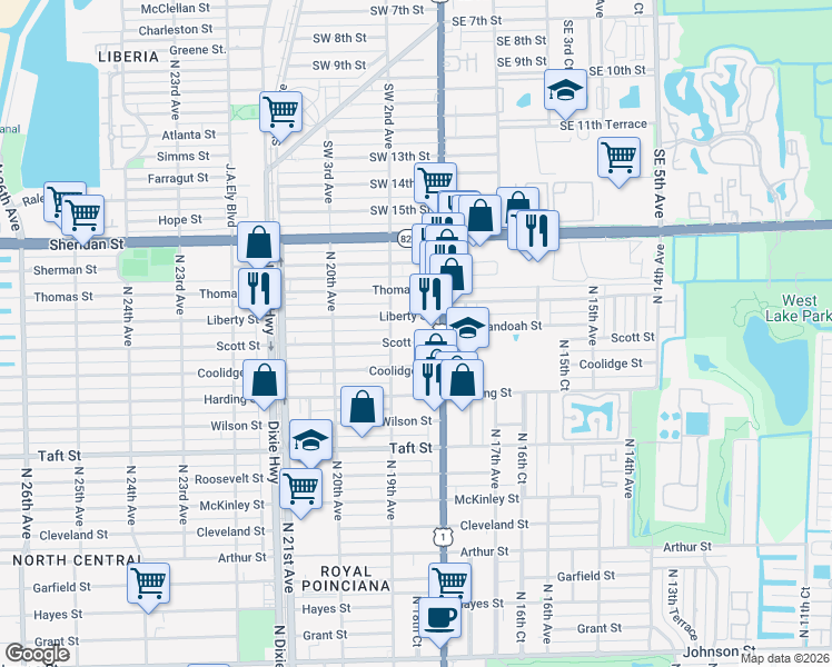 map of restaurants, bars, coffee shops, grocery stores, and more near 1832 Scott Street in Hollywood