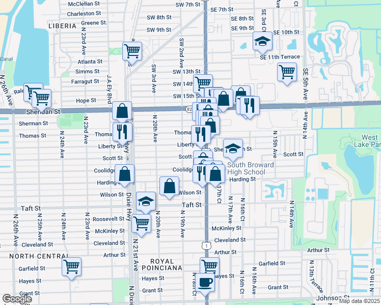 map of restaurants, bars, coffee shops, grocery stores, and more near 1832 Scott Street in Hollywood