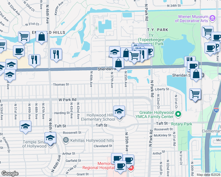 map of restaurants, bars, coffee shops, grocery stores, and more near 2109 North 37th Avenue in Hollywood