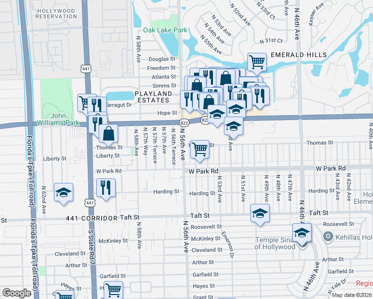 map of restaurants, bars, coffee shops, grocery stores, and more near 2180 North 56th Avenue in Hollywood